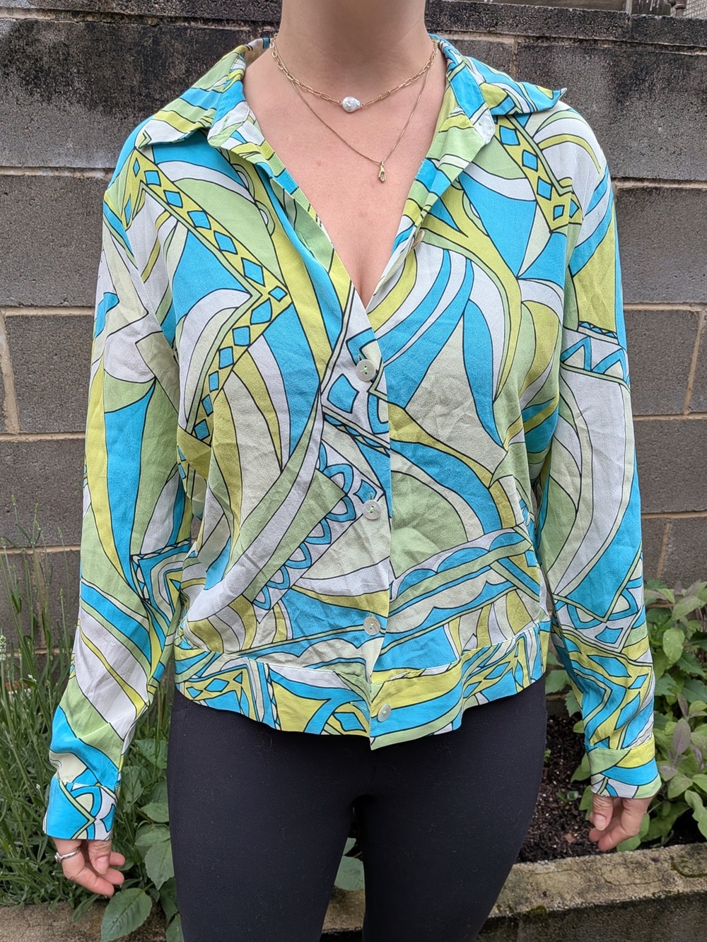 100% Silk Vintage Blue and Green Button Down